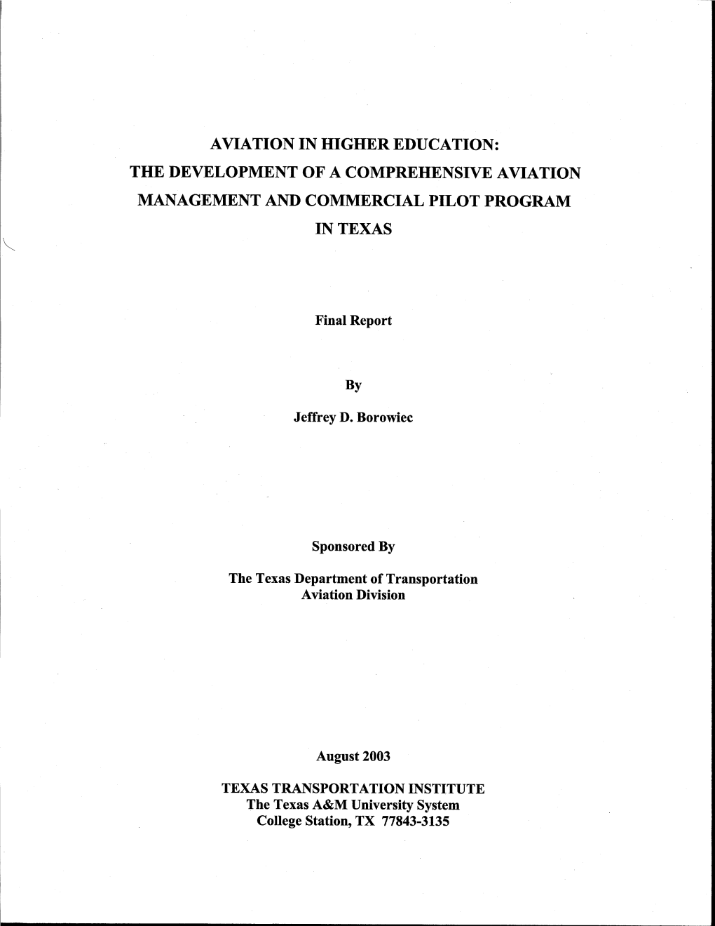 Aviation in Higher Education: the Development of a Comprehensive Aviation Management and Commercial Pilot Program in Texas