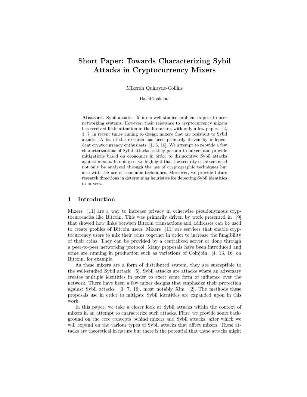 Short Paper: Towards Characterizing Sybil Attacks in Cryptocurrency Mixers