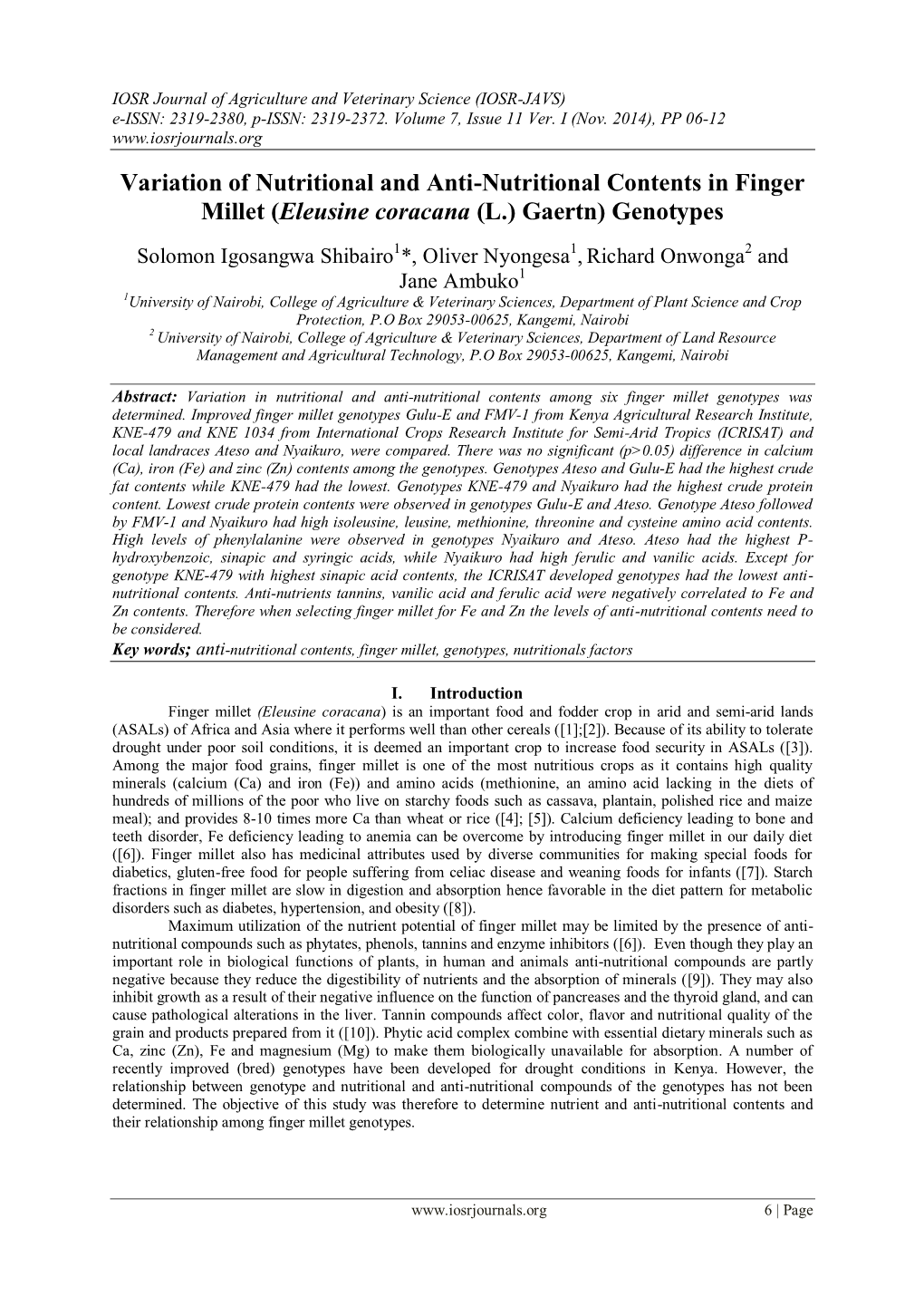 Variation of Nutritional and Anti-Nutritional Contents in Finger Millet (Eleusine Coracana (L.) Gaertn) Genotypes