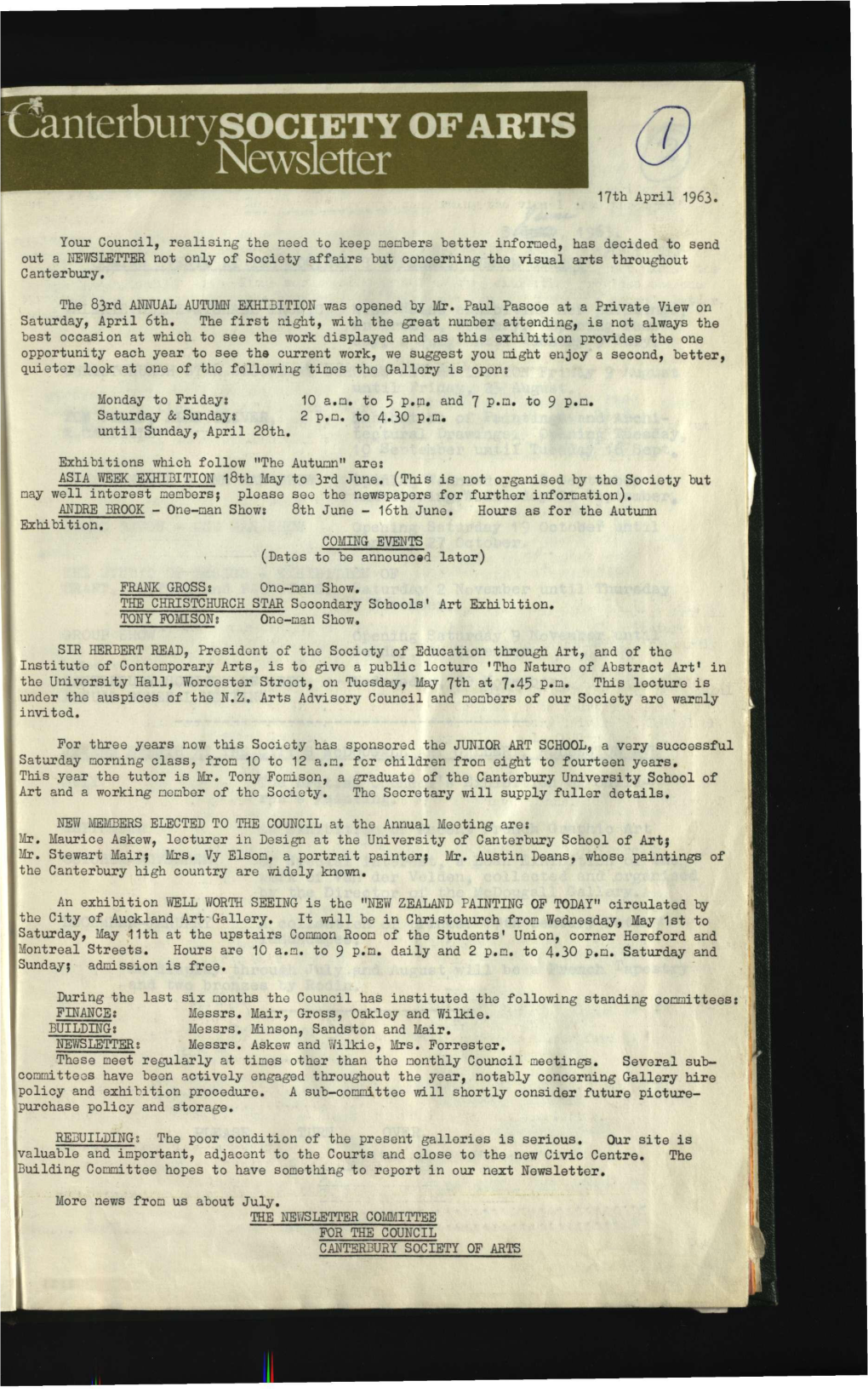 Newsletter 17Th April 1963