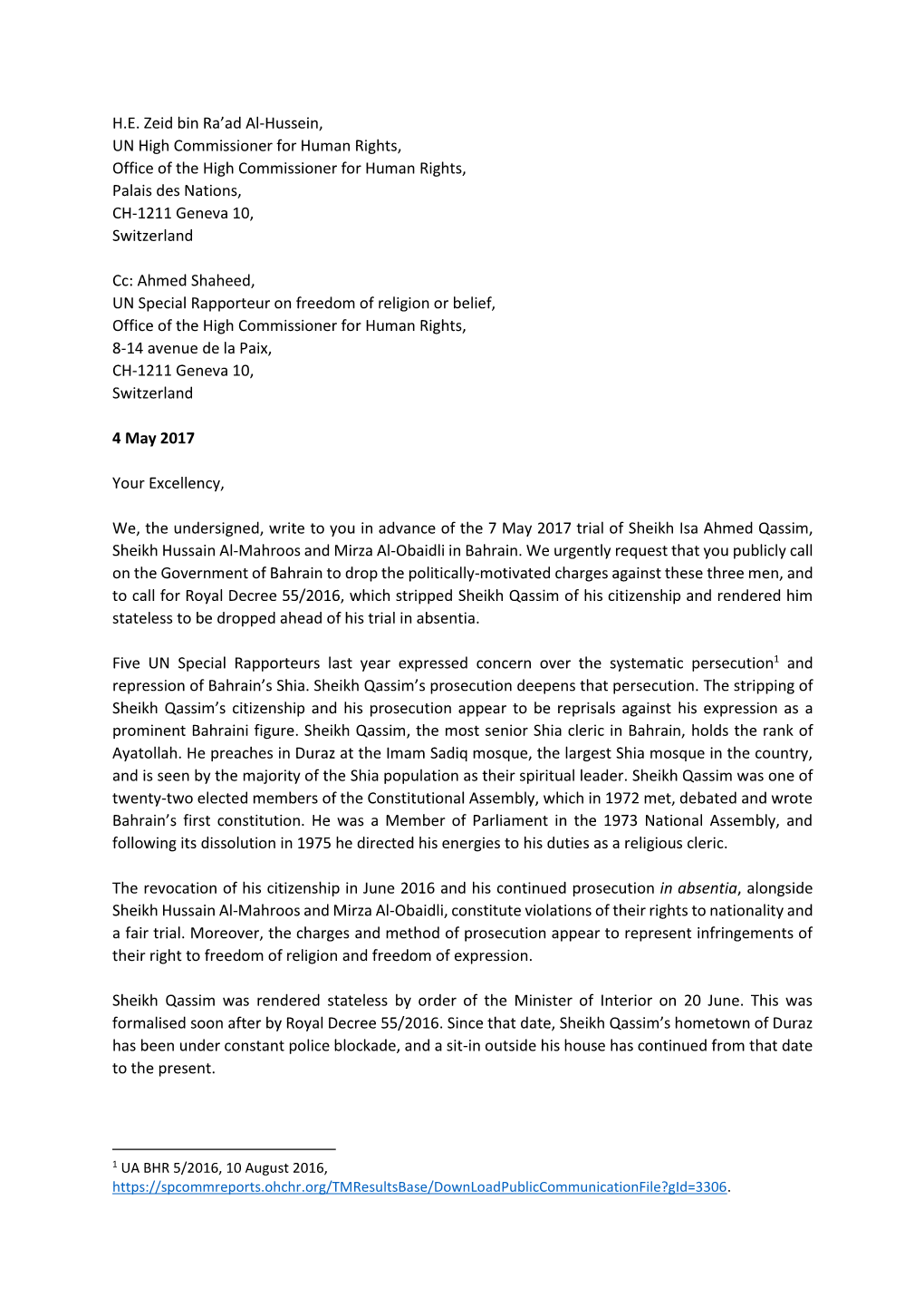 Letter to United Nations