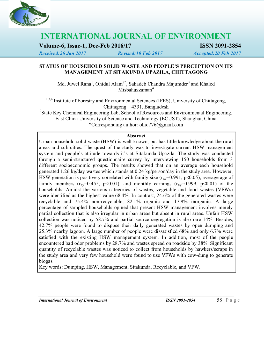 INTERNATIONAL JOURNAL of ENVIRONMENT Volume-6, Issue-1, Dec-Feb 2016/17 ISSN 2091-2854 Received:26 Jan 2017 Revised:10 Feb 2017 Accepted:20 Feb 2017