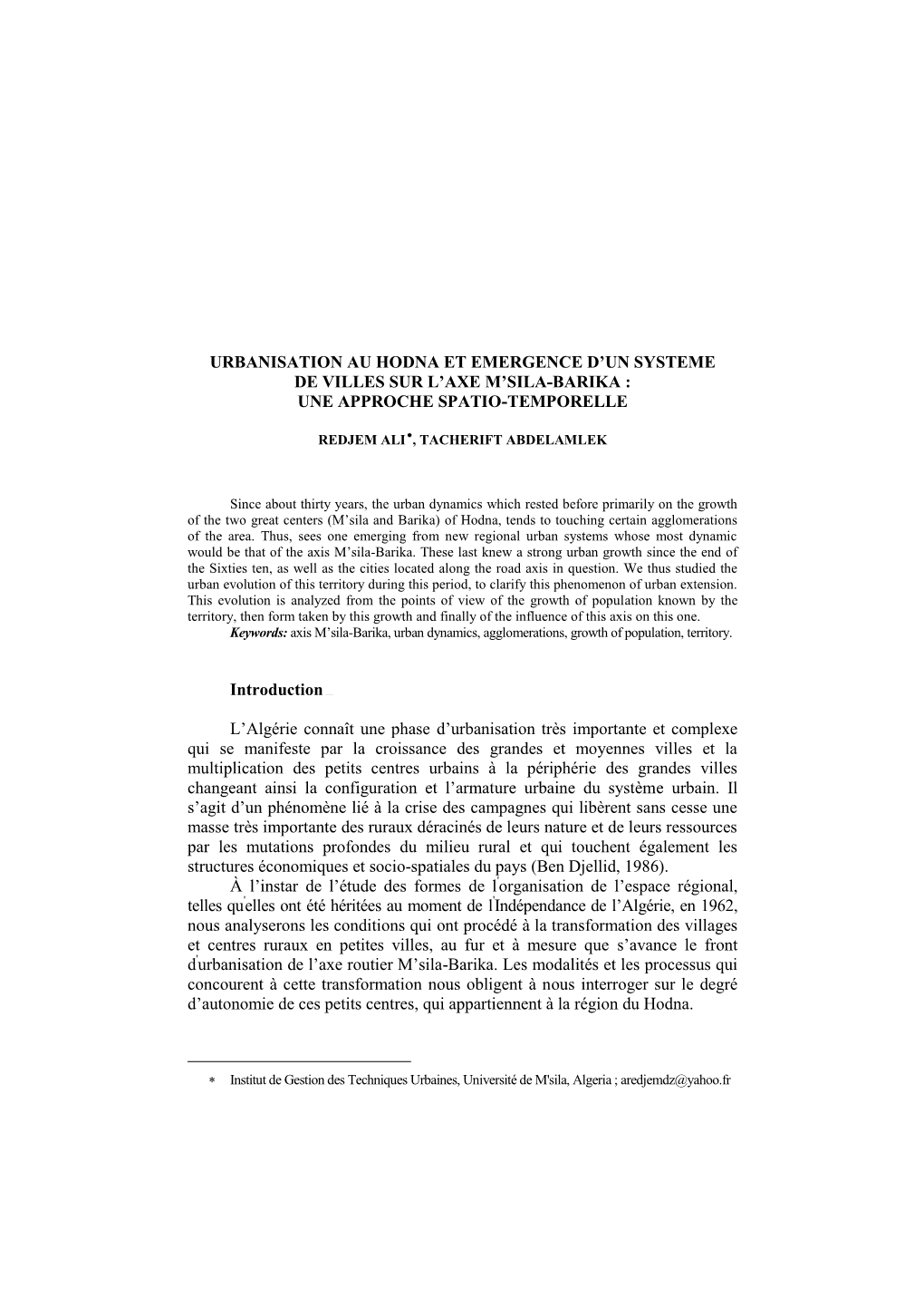 Urbanisation Au Hodna Et Emergence D'un Systeme De