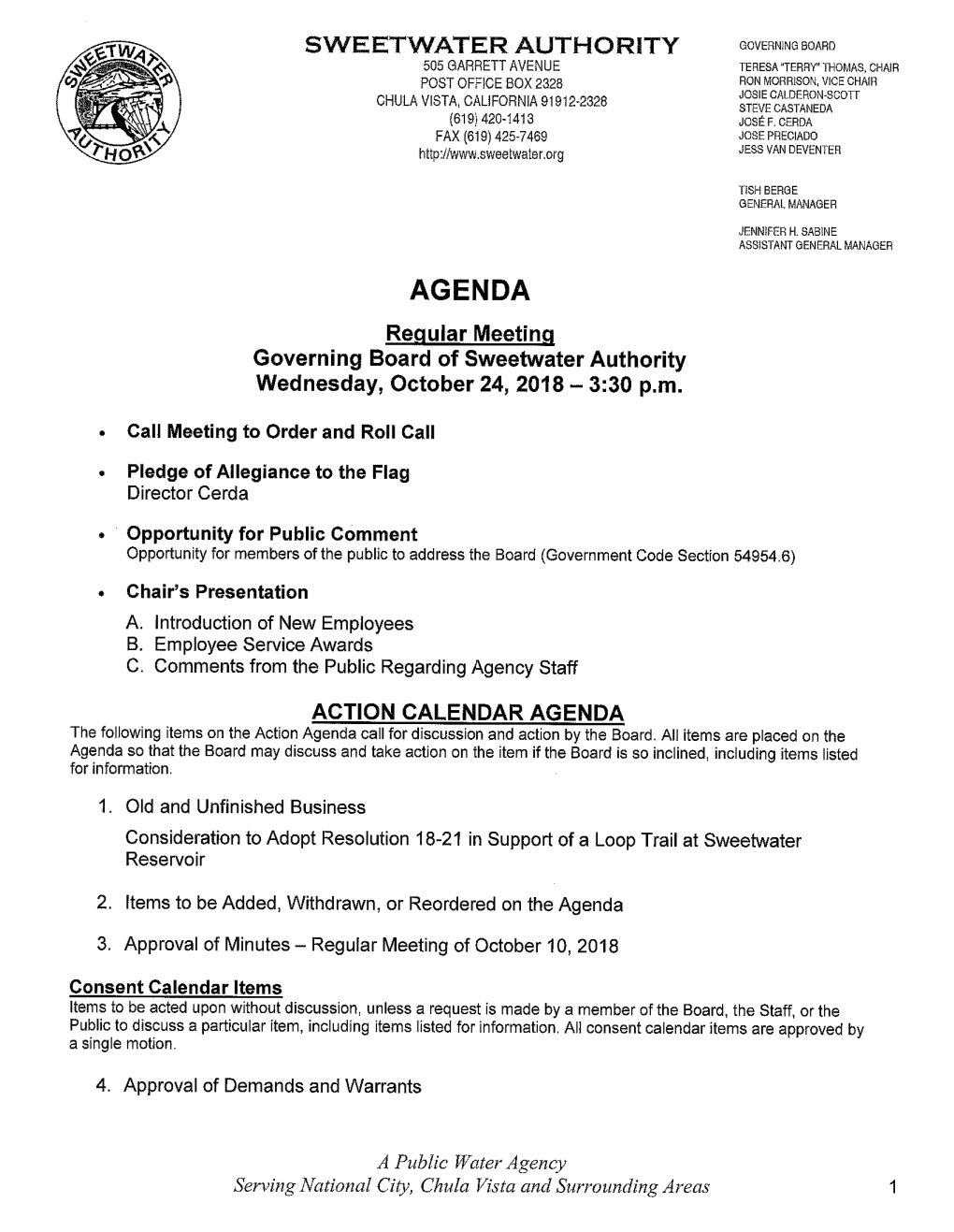 AGENDA Regular Meeting Governing Board of Sweetwater Authority Wednesday, October 24, 2018 - 3:30 P.M