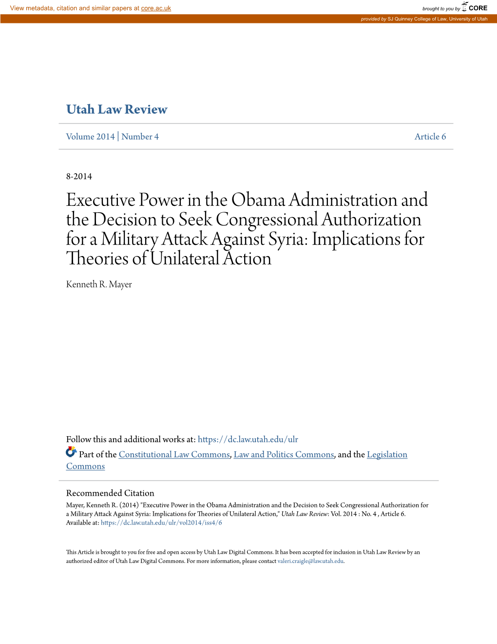 Executive Power in the Obama Administration and the Decision To