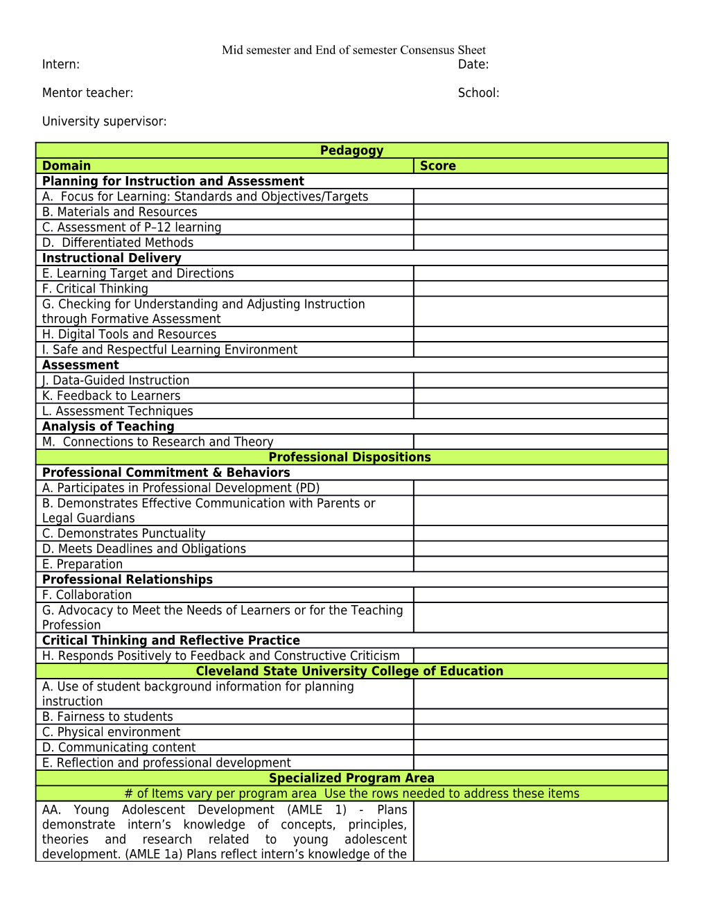 Mid Semester and End of Semester Consensus Sheet