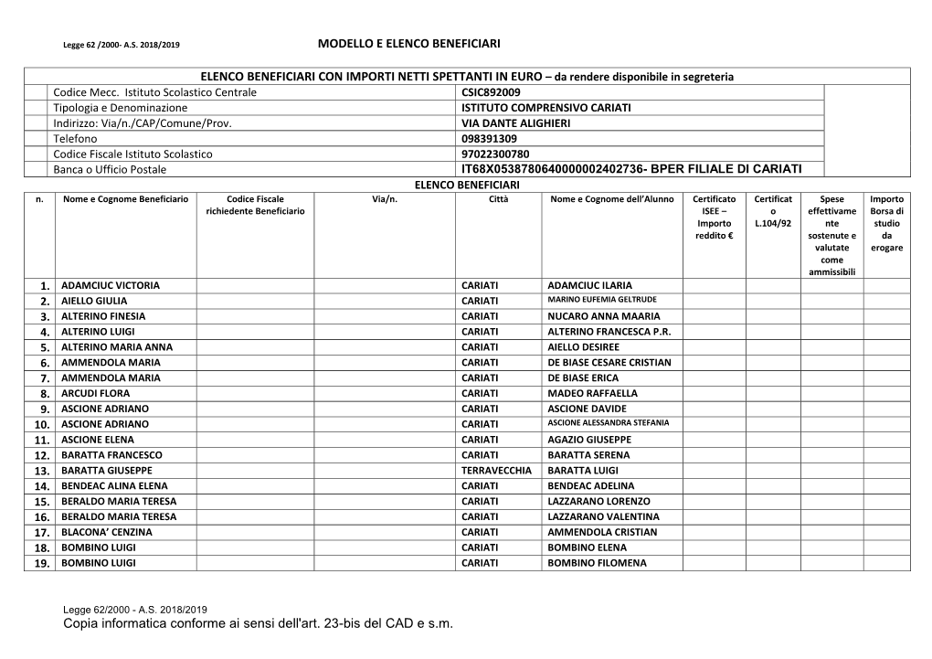 MODELLO E ELENCO BENEFICIARI Copia Informatica