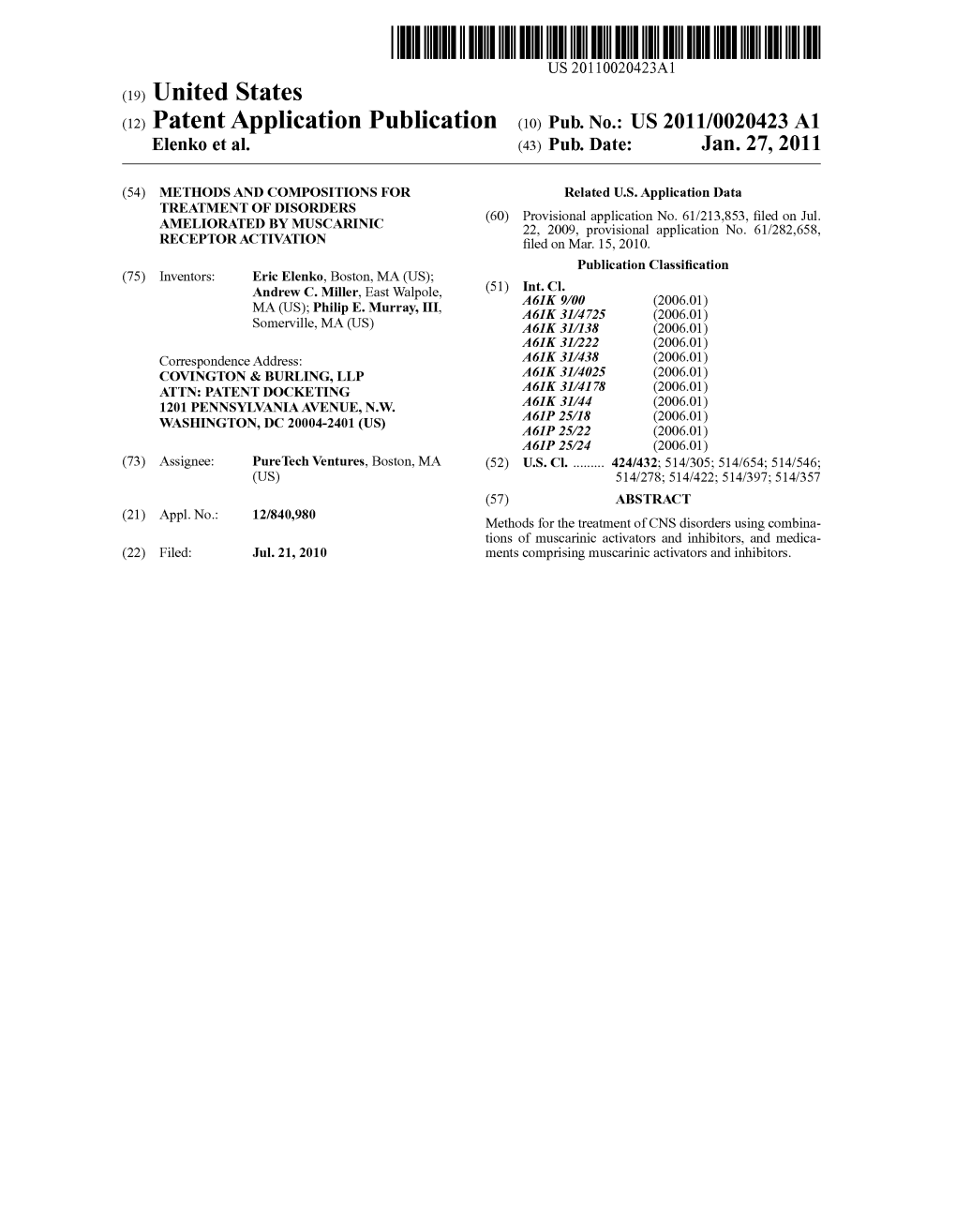 (12) Patent Application Publication (10) Pub. No.: US 2011/0020423 A1 Elenko Et Al