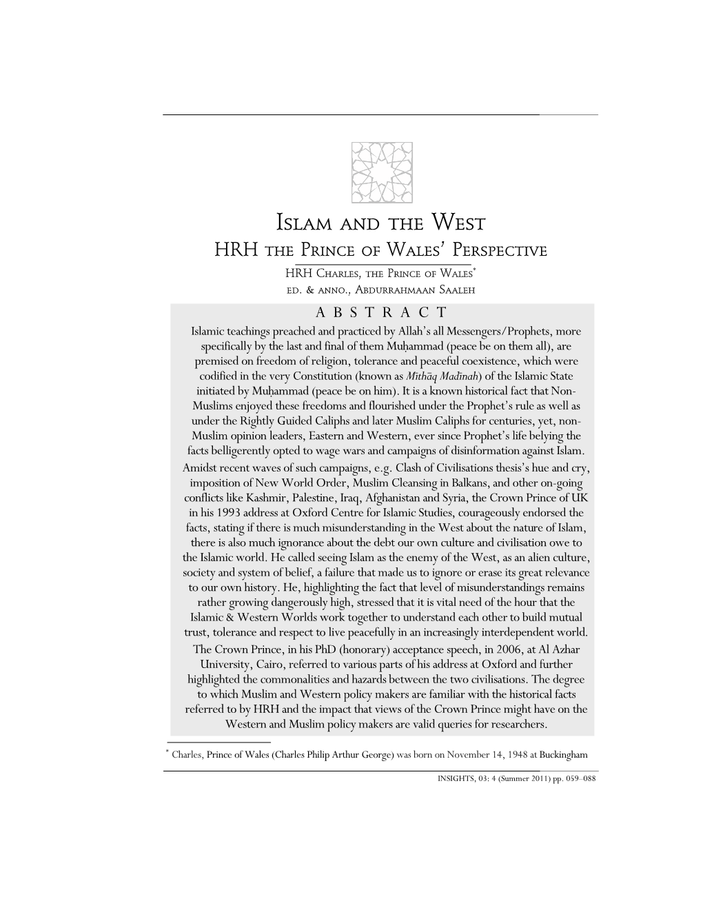 Islam and the West HRH the Prince of Wales’ Perspective