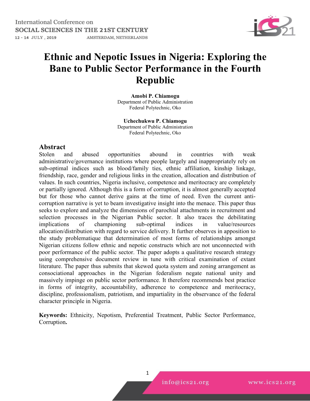 Ethnic and Nepotic Issues in Nigeria: Exploring the Bane to Public Sector Performance in the Fourth Republic