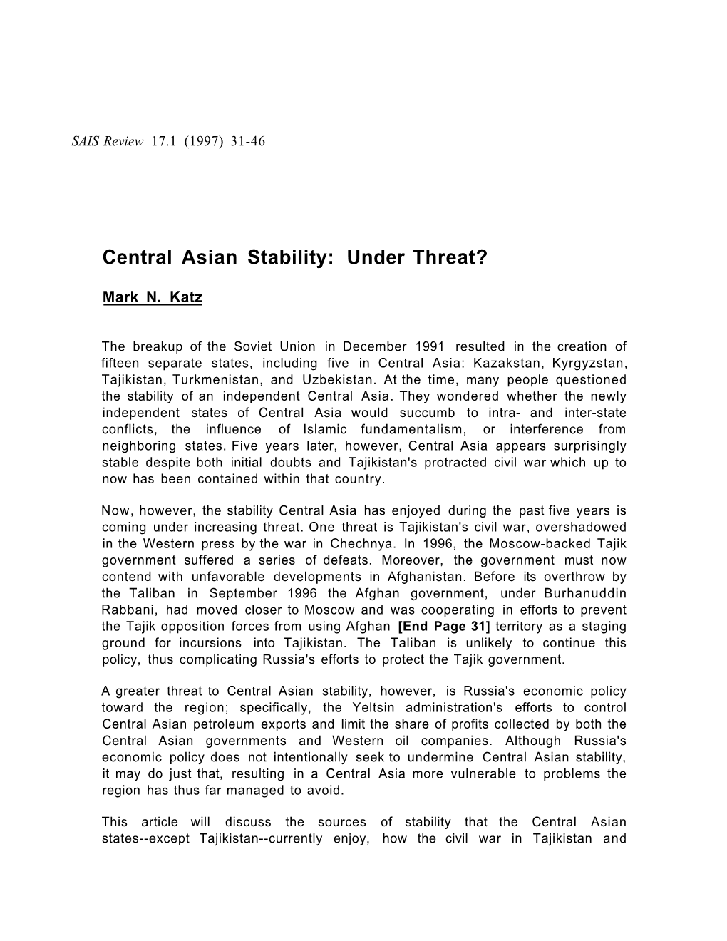 Central Asian Stability Under Threat?