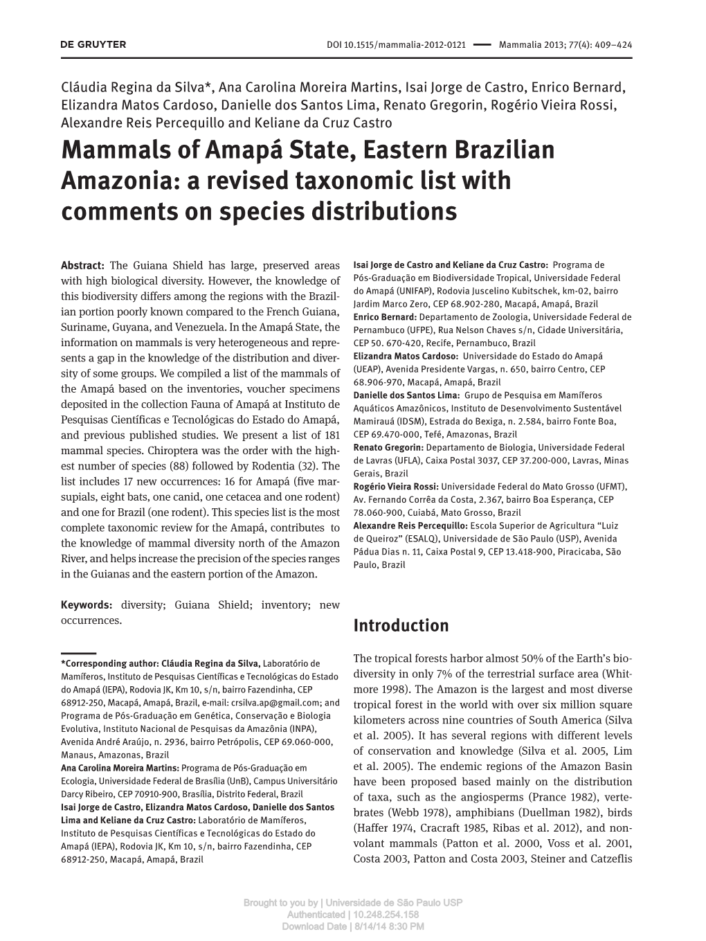 Mammals of Amapá State, Eastern Brazilian Amazonia: a Revised Taxonomic List with Comments on Species Distributions