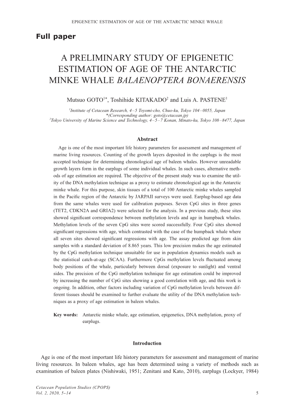 A Preliminary Study of Epigenetic Estimation of Age of the Antarctic Minke Whale Balaenoptera Bonaerensis