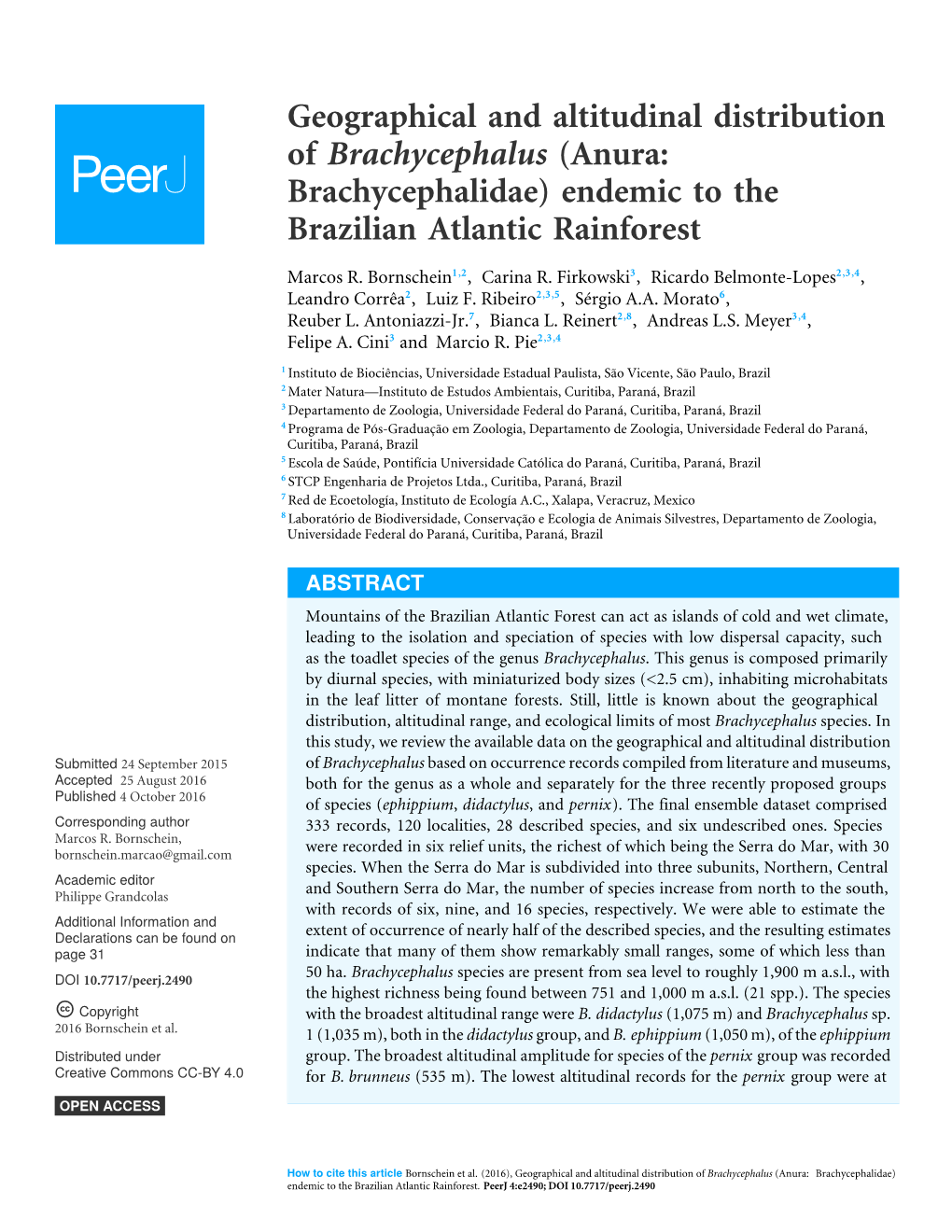 Geographical and Altitudinal Distribution of Brachycephalus (Anura: Brachycephalidae) Endemic to the Brazilian Atlantic Rainforest