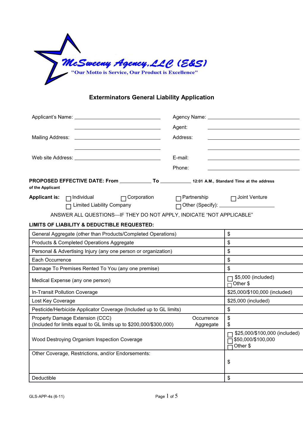 Exterminators General Liability Application