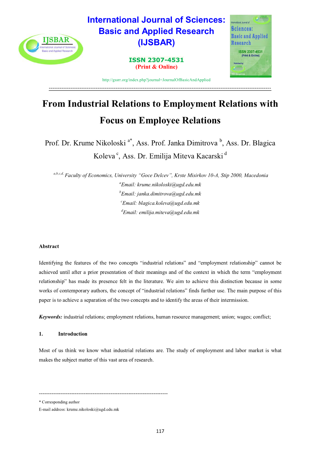 From Industrial Relations to Employment Relations with Focus on Employee Relations