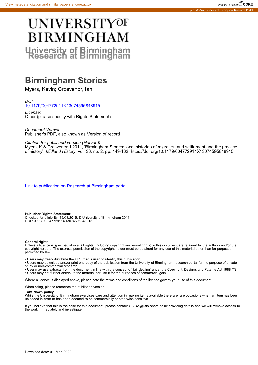 Birmingham Stories: Local Histories of Migration and Settlement and the Practice of History', Midland History, Vol