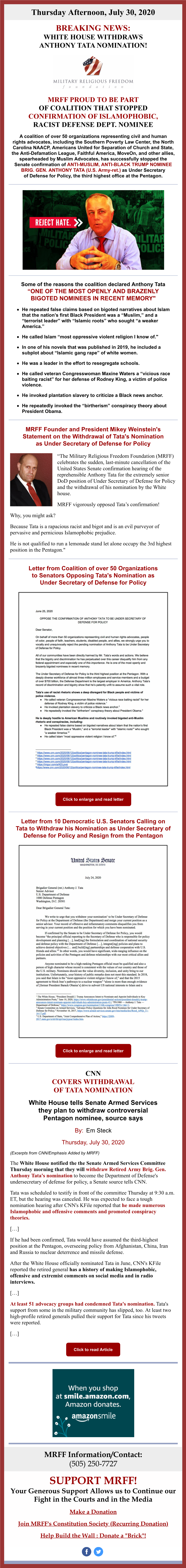 MRFF Proud to Be Part of Coalition That Stopped Confirmation of Islamophobic, Racist Defense Dept. Nominee Anthony Tata