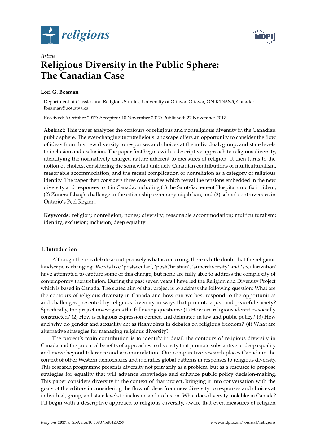 Religious Diversity in the Public Sphere: the Canadian Case