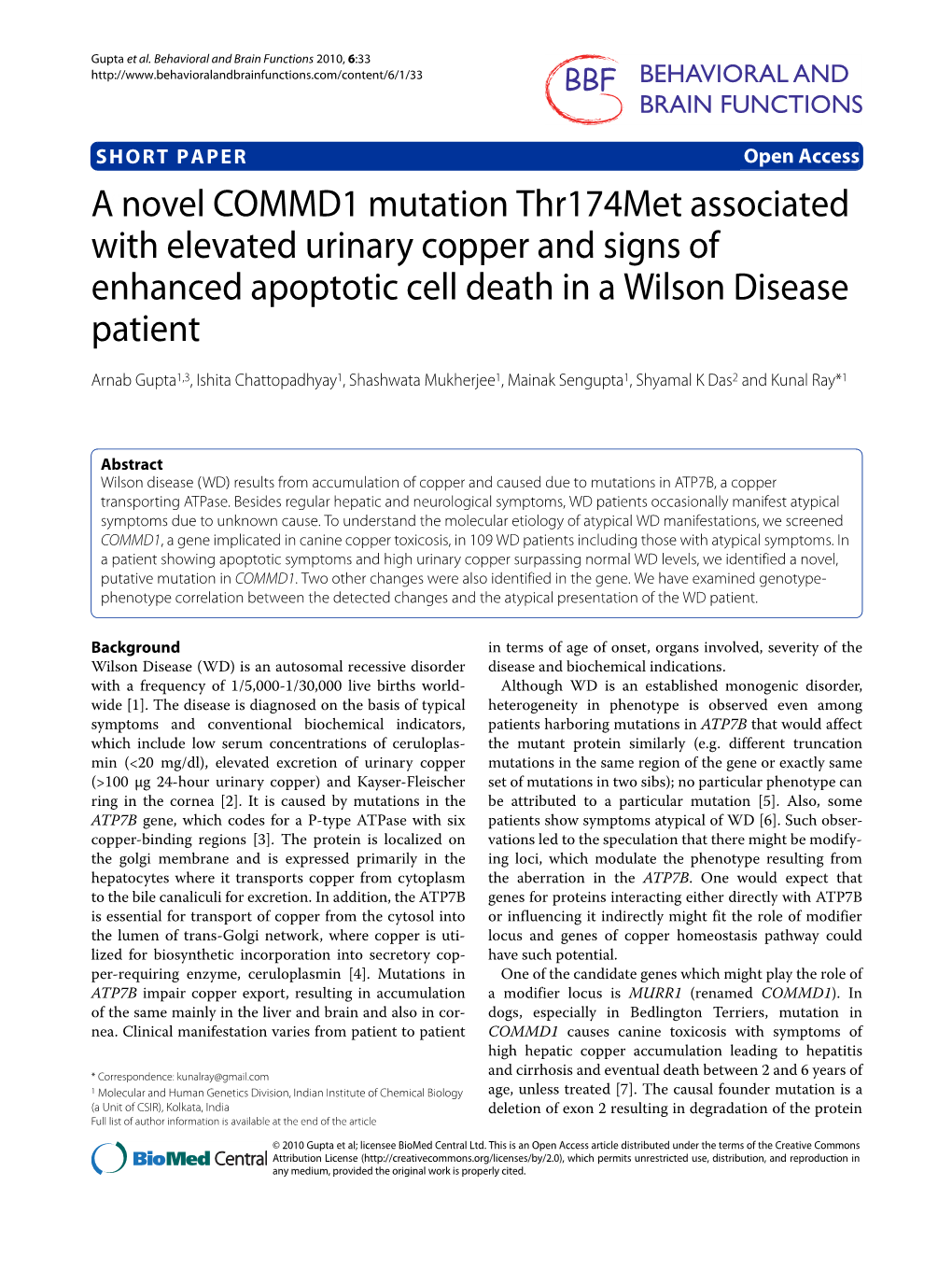 A Novel COMMD1 Mutation Thr174met Associated With