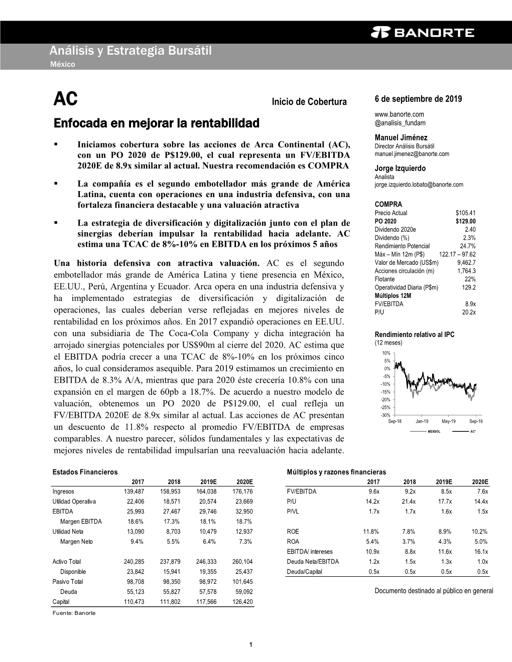 Arca Continental (AC), Director Análisis Bursátil Con Un PO 2020 De P$129.00, El Cual Representa Un FV/EBITDA Manuel.Jimenez@Banorte.Com