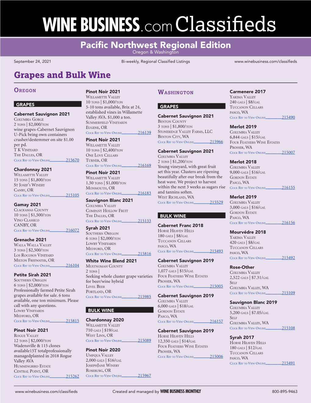 WINE BUSINESS.Com Classifieds Pacific Northwest Regional Edition Oregon & Washington