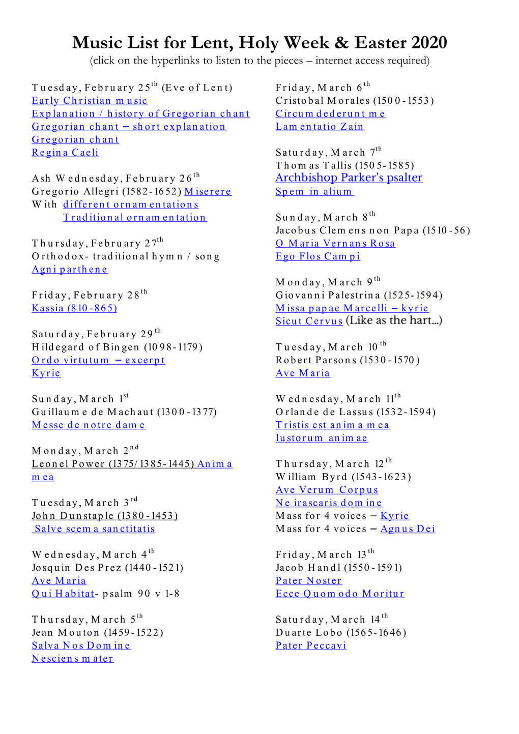 Music List for Lent, Holy Week & Easter 2020