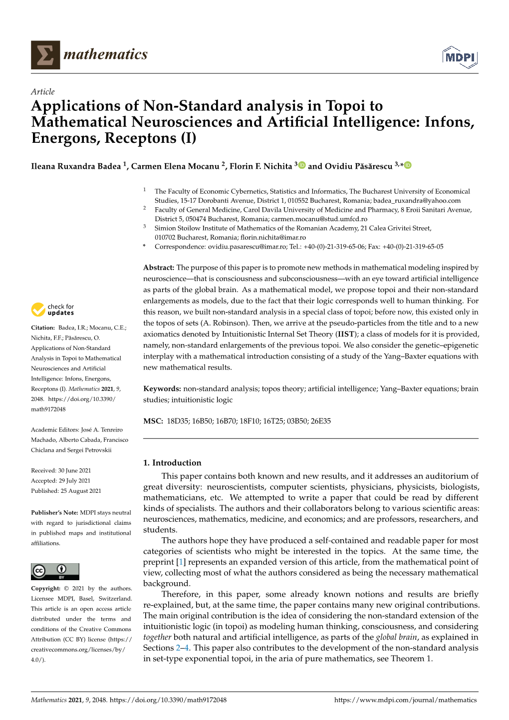 Applications of Non-Standard Analysis in Topoi to Mathematical Neurosciences and Artiﬁcial Intelligence: Infons, Energons, Receptons (I)