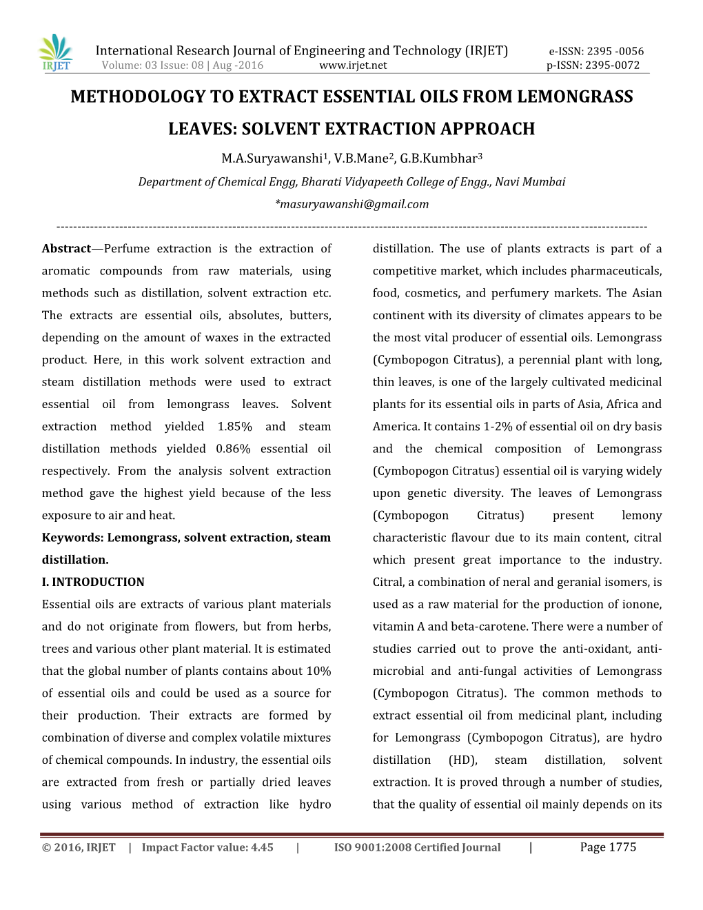 Methodology to Extract Essential Oils from Lemongrass Leaves