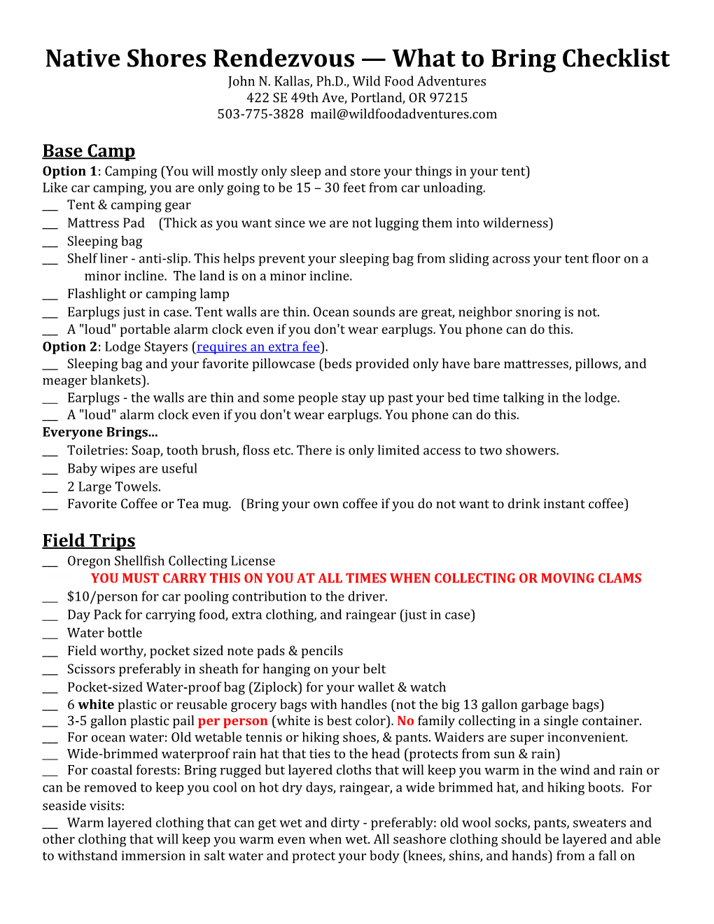 Native Shores Rendezvous — What to Bring Checklist John N