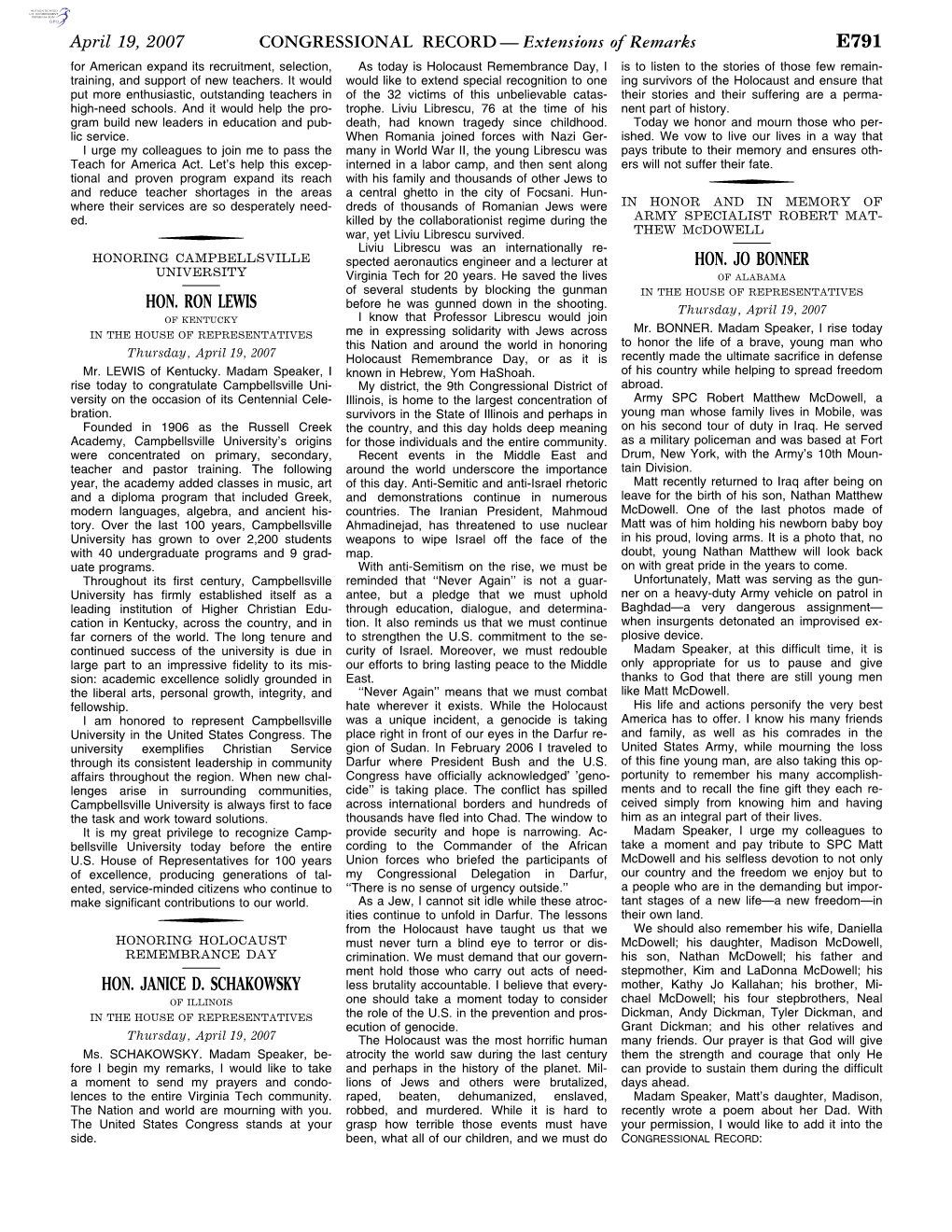 CONGRESSIONAL RECORD— Extensions of Remarks E791 HON. RON LEWIS HON. JANICE D. SCHAKOWSKY HON. JO BONNER