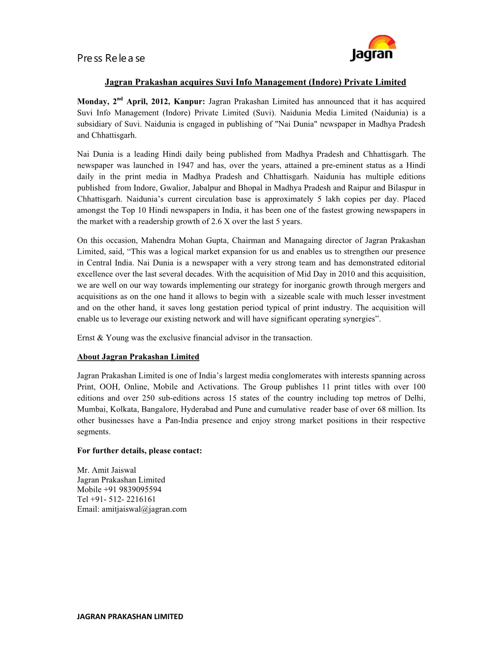 Jagran Prakashan Acquires Suvi Info Management (Indore) Private Limited