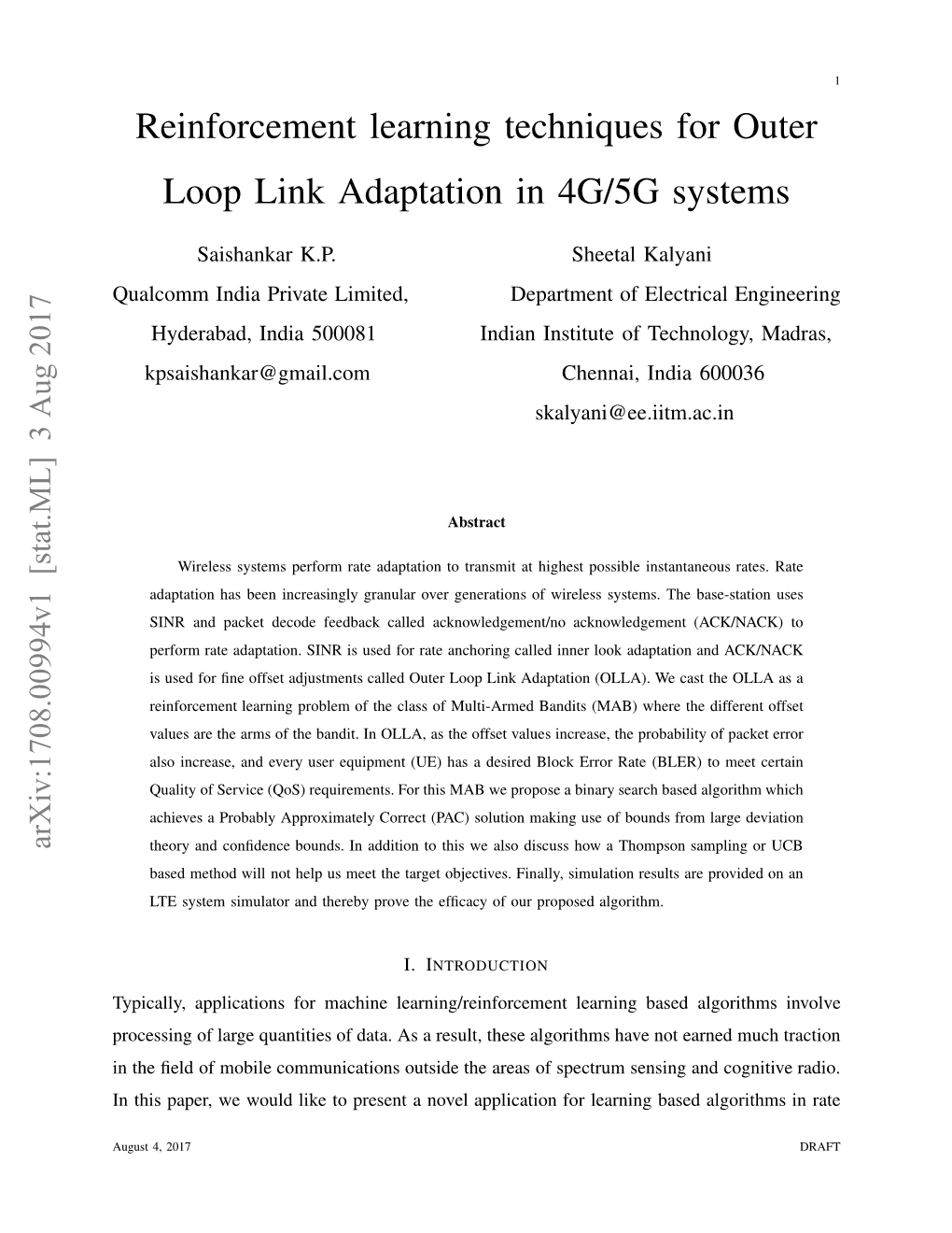 Reinforcement Learning Techniques for Outer Loop Link Adaptation in 4G