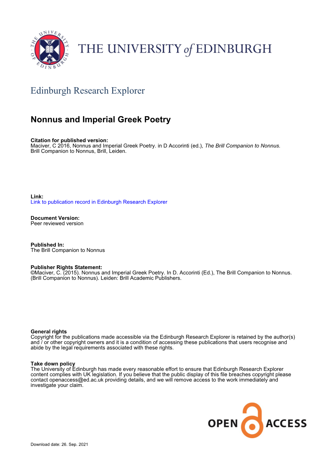 Nonnus and Imperial Greek Poetry