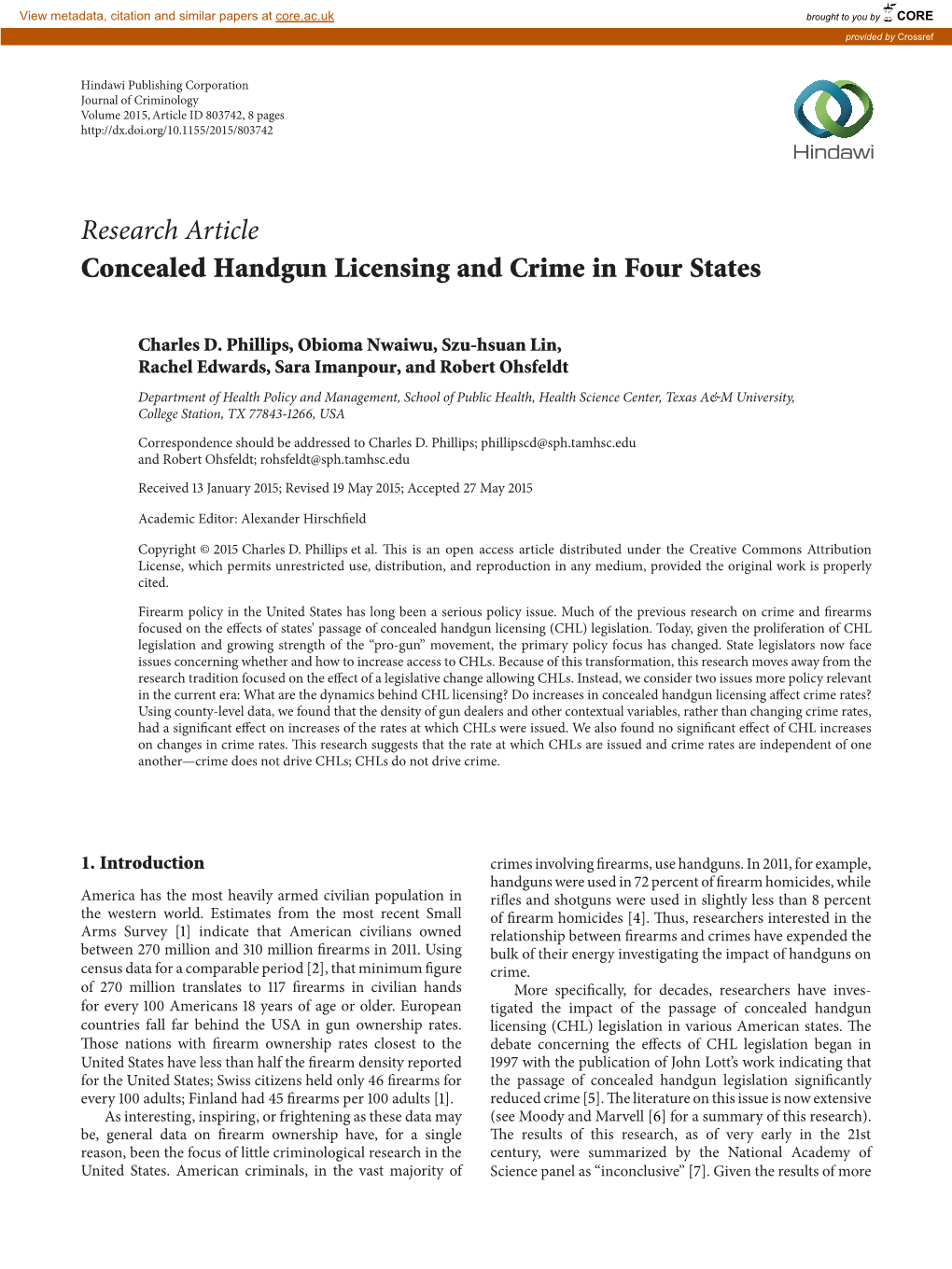 Research Article Concealed Handgun Licensing and Crime in Four States
