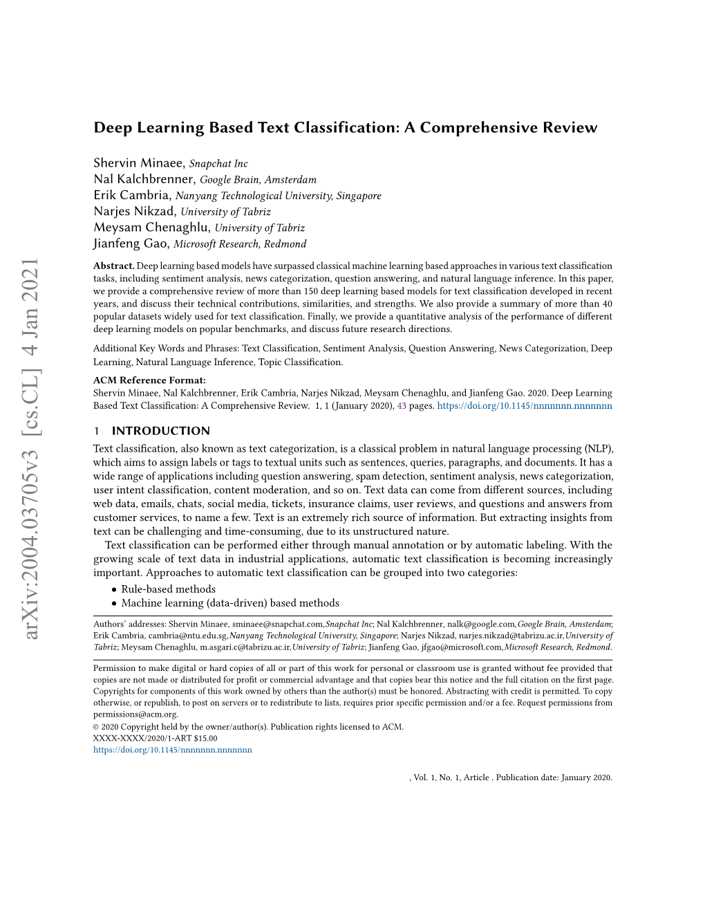 Deep Learning Based Text Classification: a Comprehensive Review