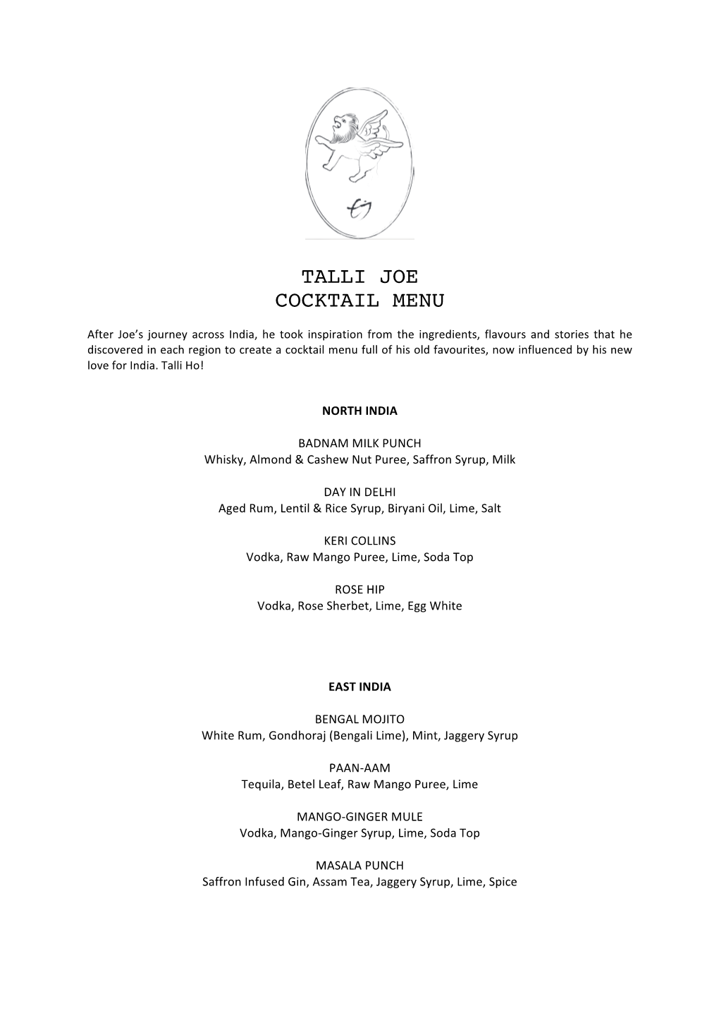 Talli Joe Cocktail Menu