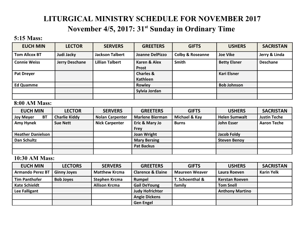 Liturgical Ministry Schedule for November 2017