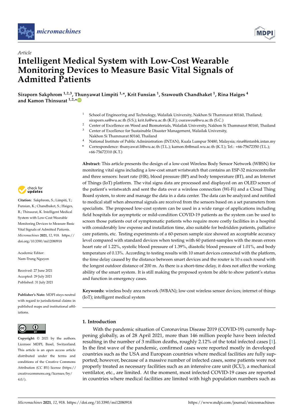 Intelligent Medical System with Low-Cost Wearable Monitoring Devices to Measure Basic Vital Signals of Admitted Patients