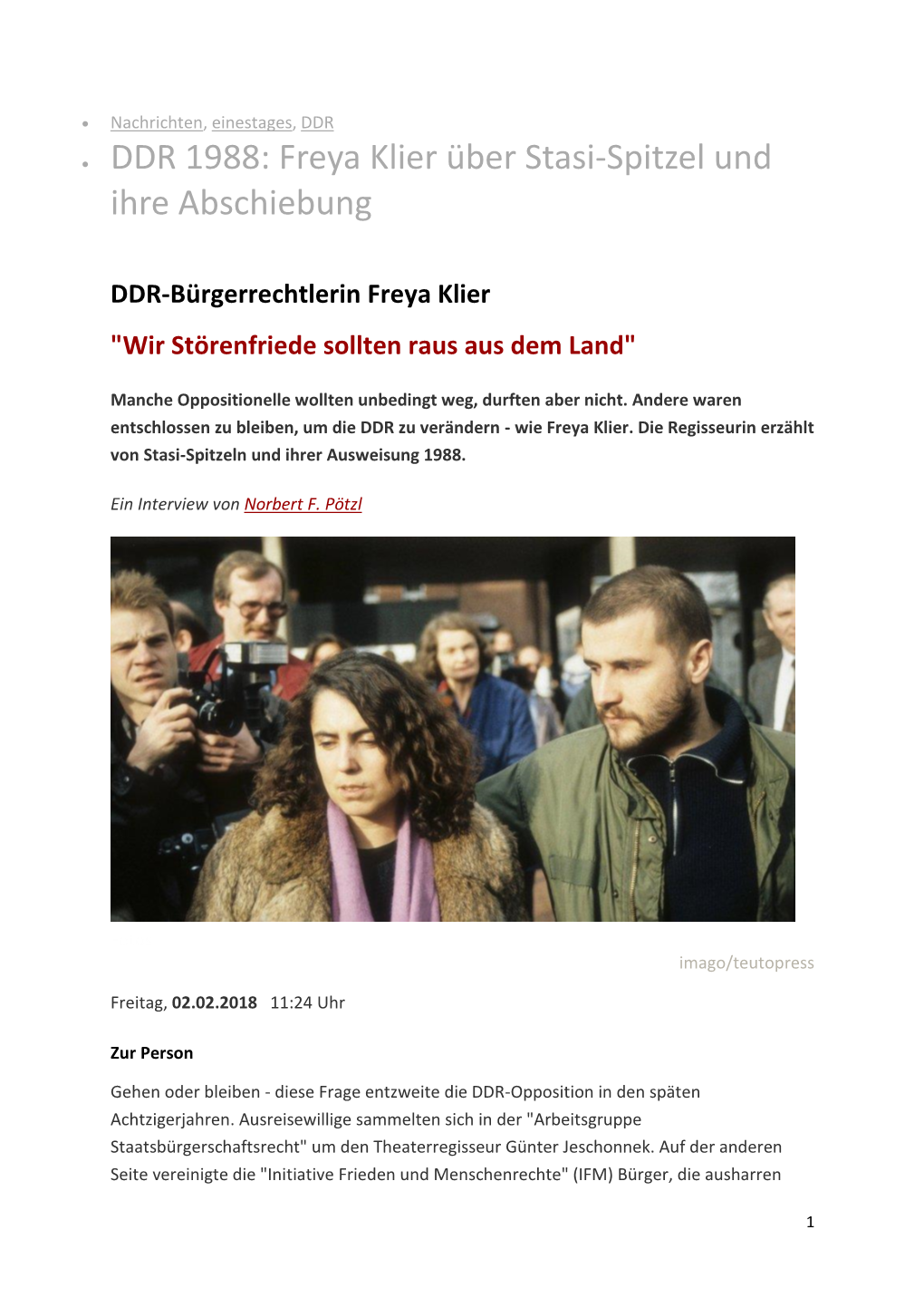 • DDR 1988: Freya Klier Über Stasi-Spitzel Und Ihre Abschiebung