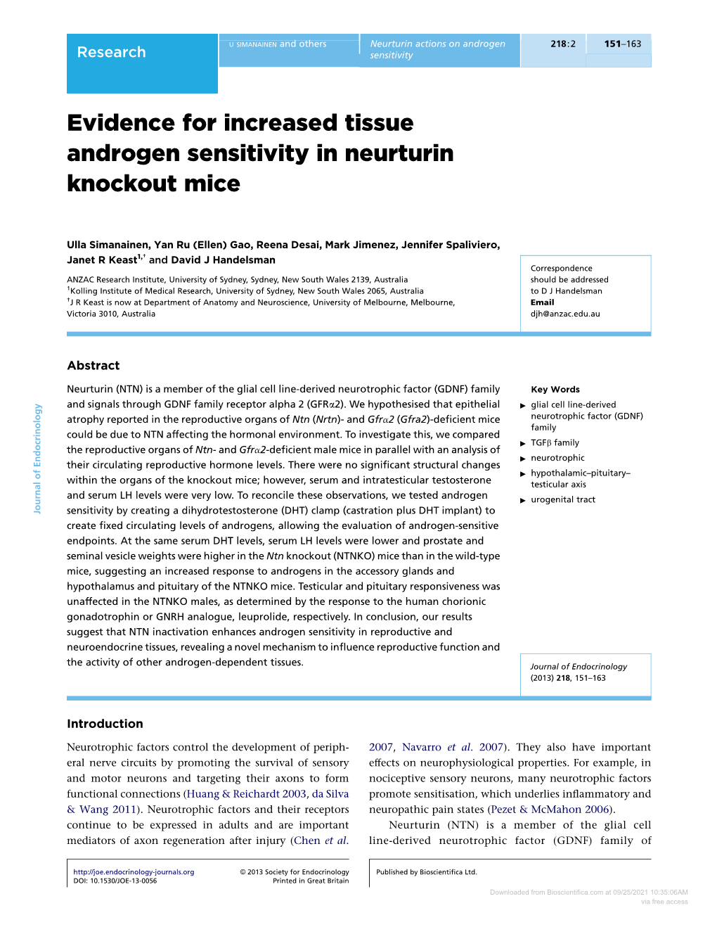 Evidence for Increased Tissue Androgen Sensitivity in Neurturin Knockout Mice