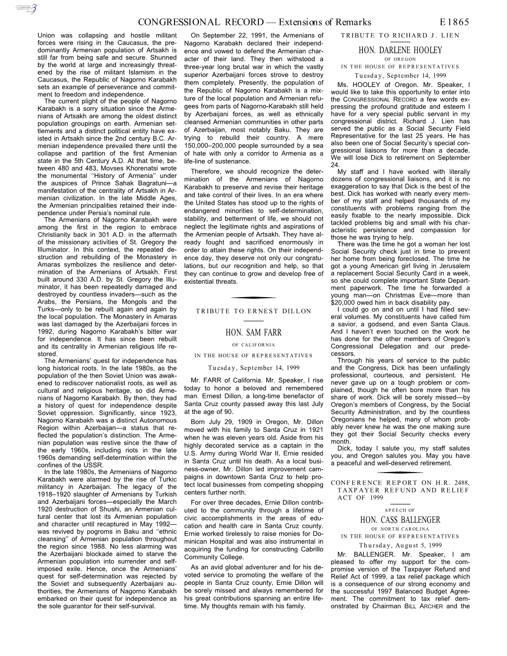 CONGRESSIONAL RECORD — Extensions of Remarks E1865 Union Was Collapsing and Hostile Militant on September 22, 1991, the Armenians of TRIBUTE to RICHARD J