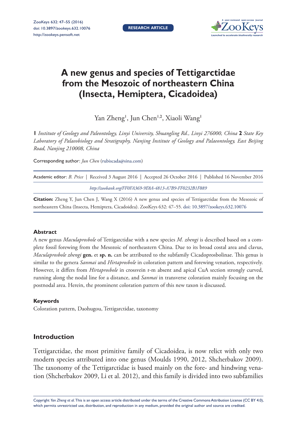 A New Genus and Species of Tettigarctidae from the Mesozoic of Northeastern China (Insecta, Hemiptera, Cicadoidea)