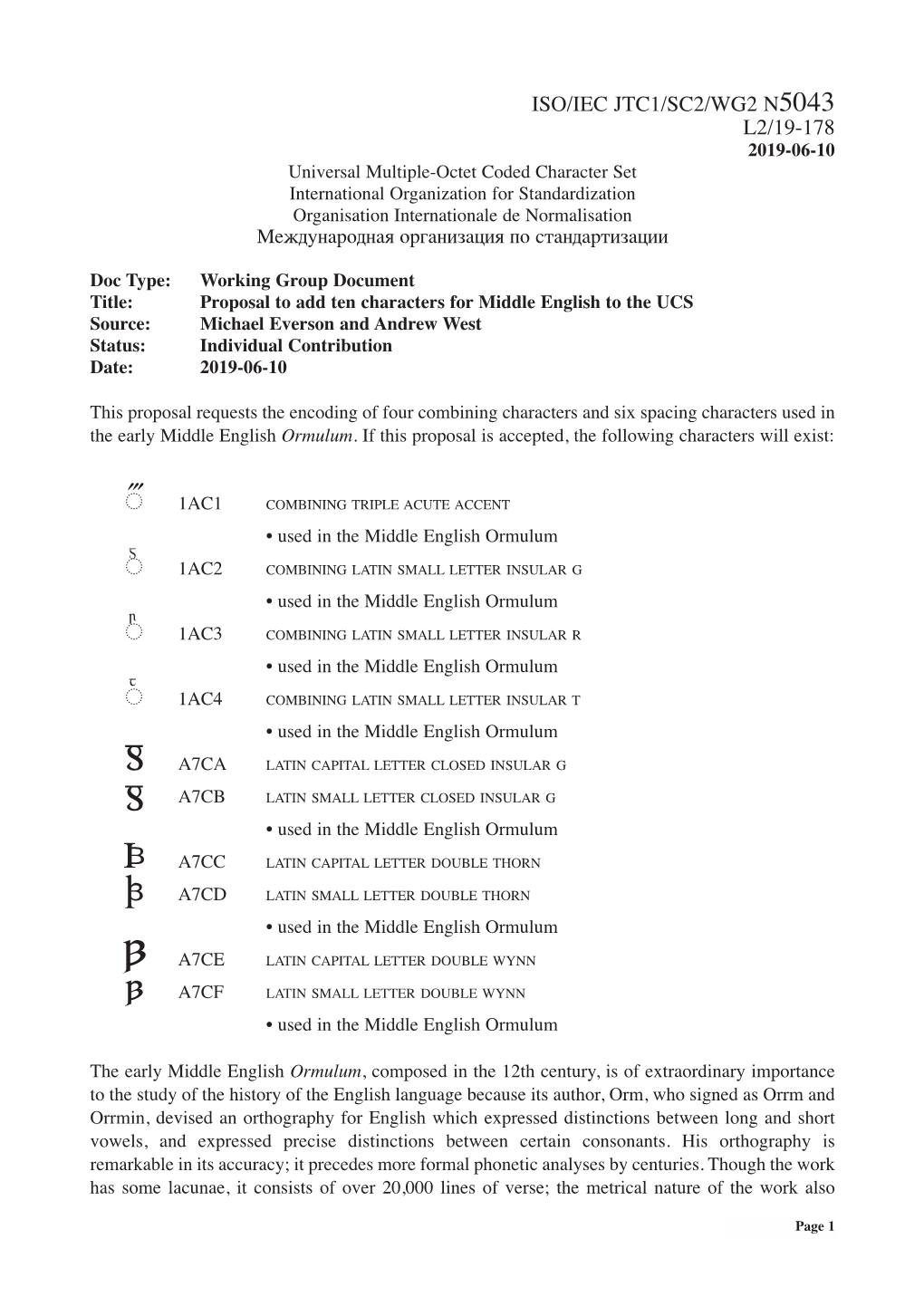 Iso/Iec Jtc1/Sc2/Wg2 N5043 L2/19-178