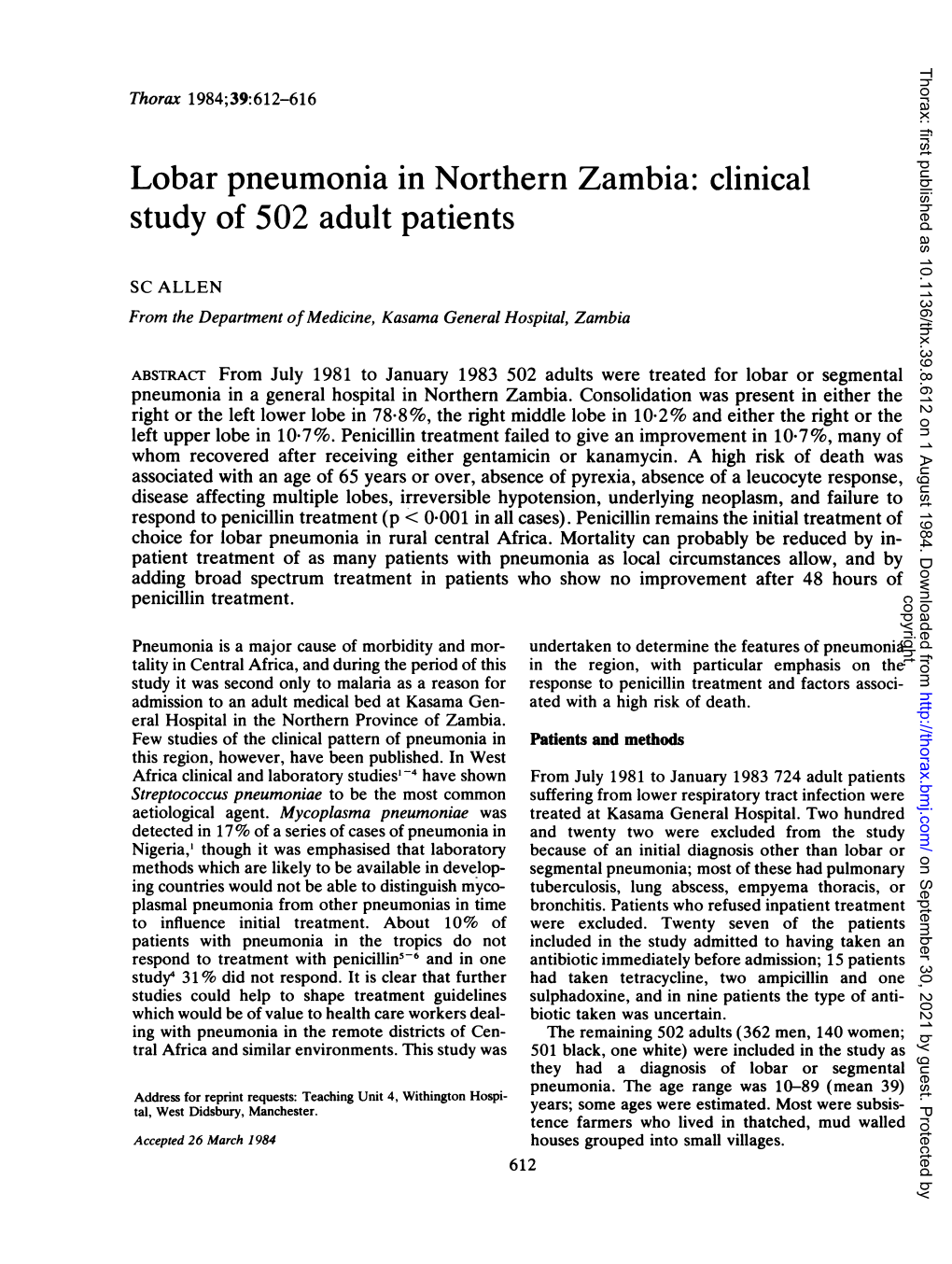 Lobar Pneumonia in Northern Zambia: Clinical Study of 502 Adult Patients
