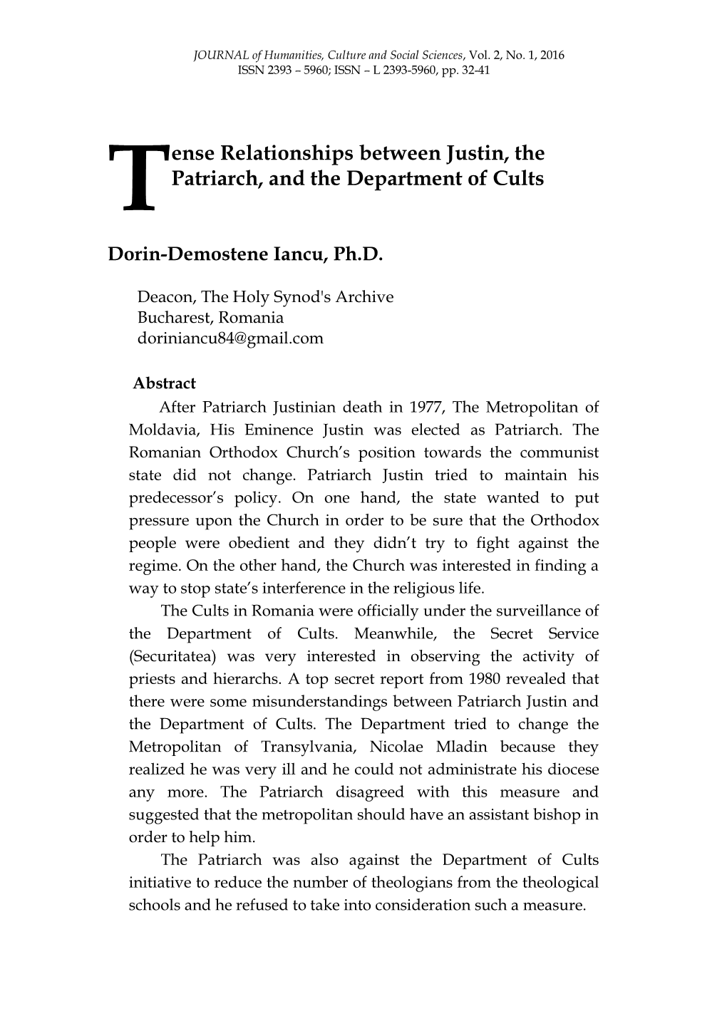 Ense Relationships Between Justin, the Patriarch, and the Department of Cults T