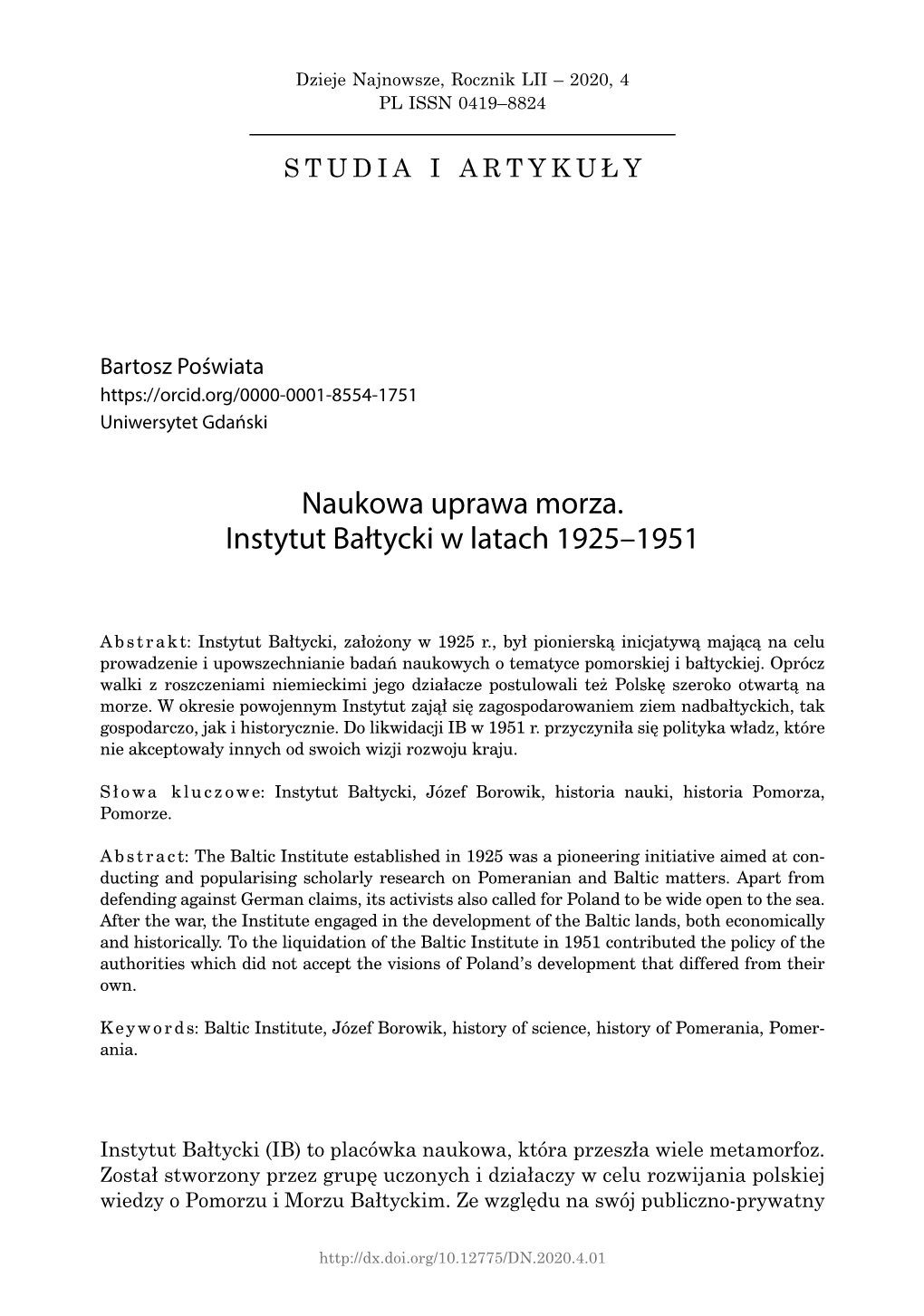 Naukowa Uprawa Morza. Instytut Bałtycki W Latach 1925–1951