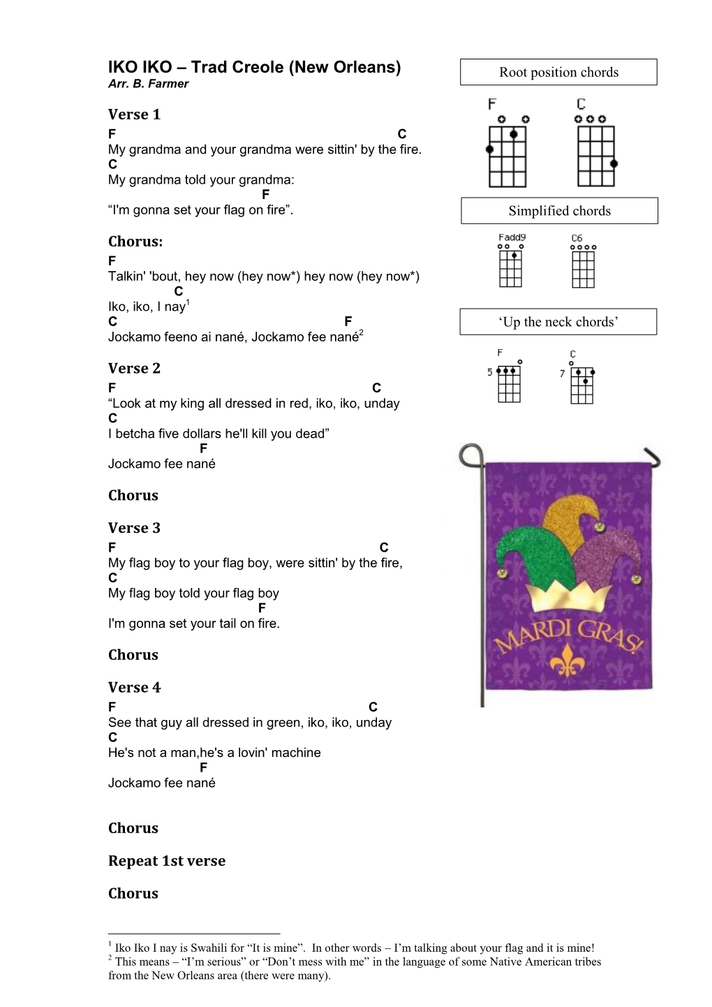 IKO IKO – Trad Creole (New Orleans) Root Position Chords Arr