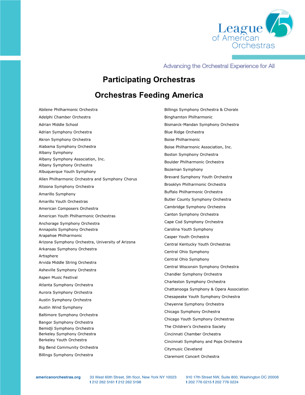 Participating Orchestras Orchestras Feeding America