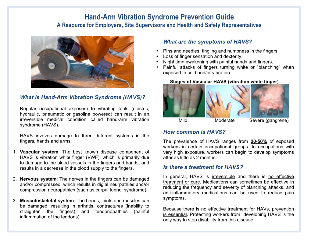 Hand-Arm Vibration Syndrome Prevention Guide a Resource for Employers, Site Supervisors and Health and Safety Representatives